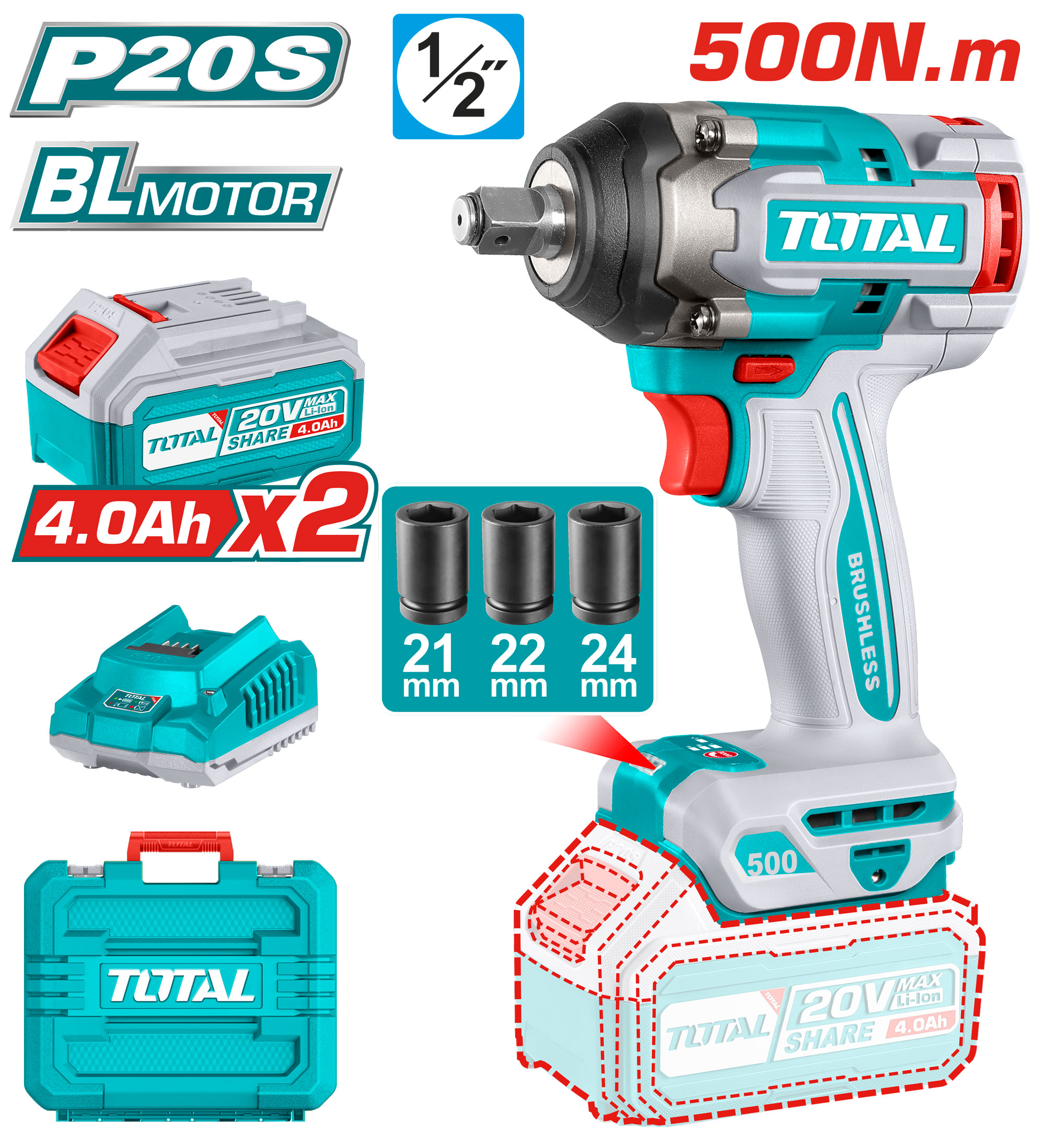 Llave De Impacto Total 20v 500nm