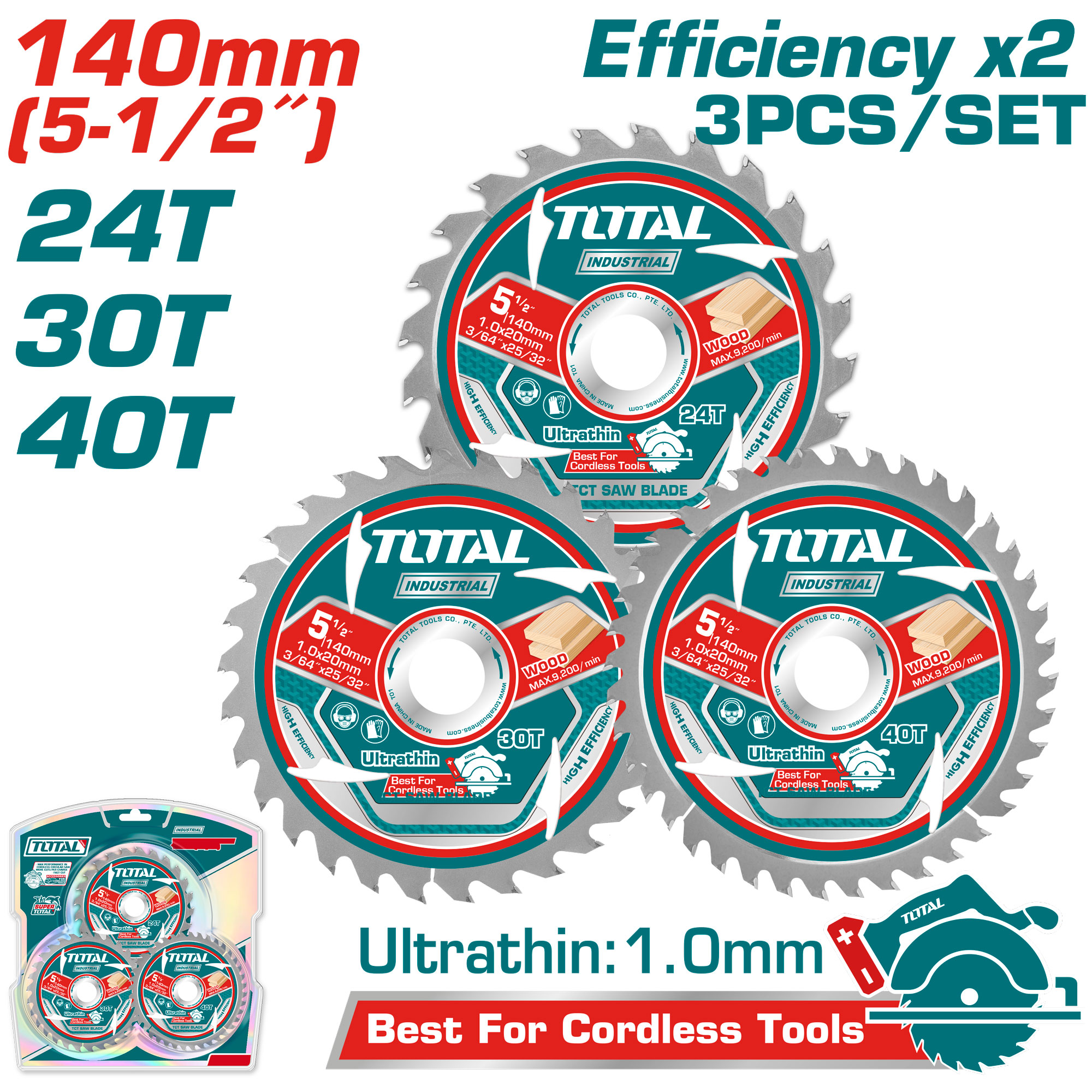 Set Discos De Corte Total Para Madera   140mm